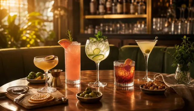 Cocktails en garnituren op een sfeervolle bartafel