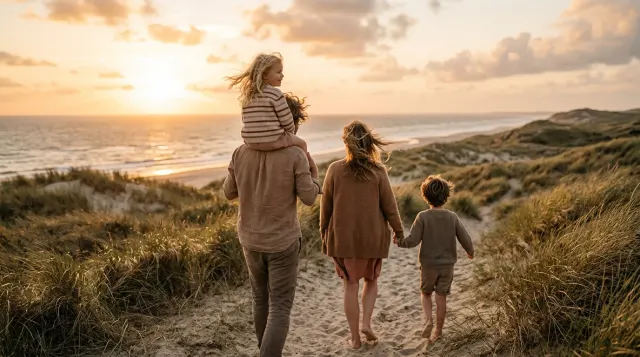 Een gezin wandelt door de duinen bij zonsondergang