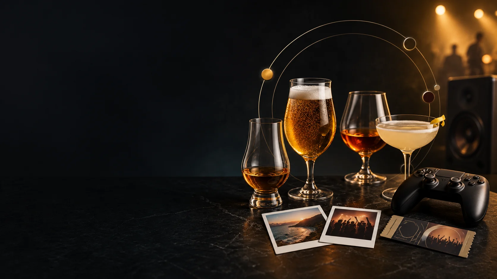 Een sfeervol stilleven met whisky, cognac, bier, een cocktail, instantfoto’s, een concertticket en een gamecontroller